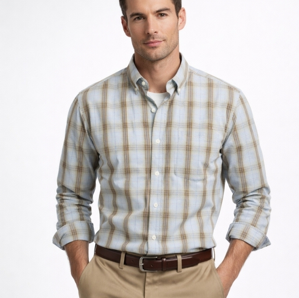 Tommy Bahama Men's Flip Cuff Blue & Brown Button Down Long Sleeve Shirt, L